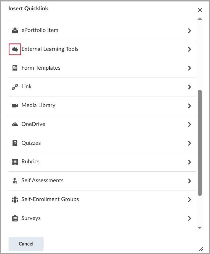 The Insert Quicklink menu with External Learning Tools highlighted in red outline.