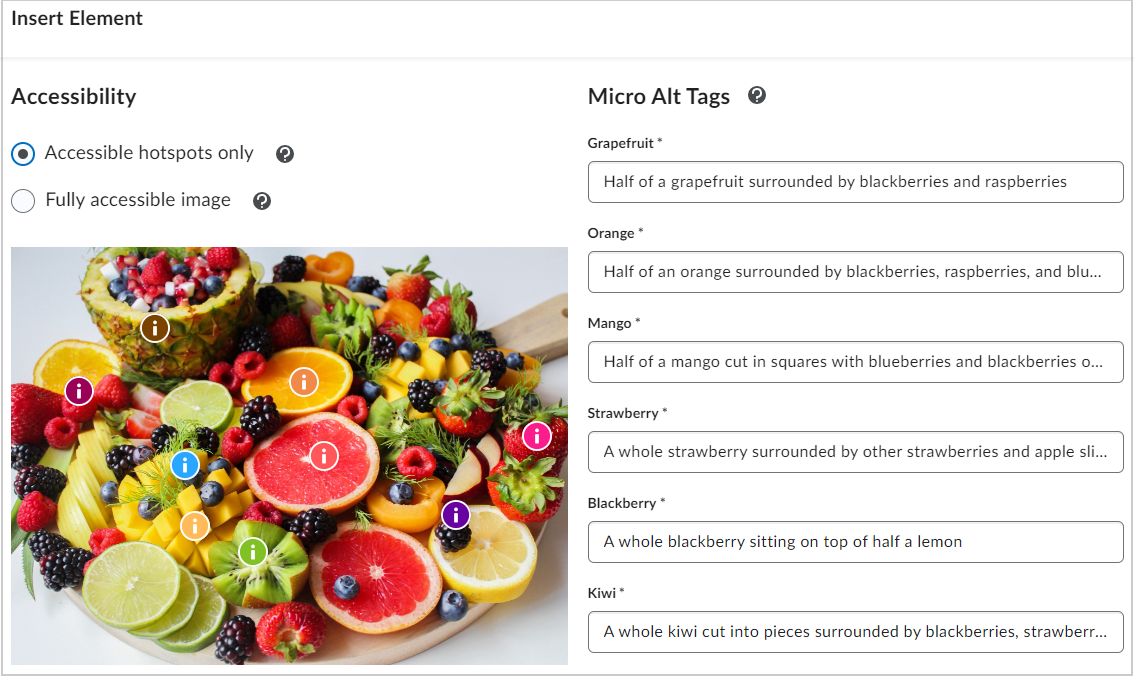 Under the Accessibility heading, the Accessible hotspots only option is selected. The Micro Alt Tags section describes each fruit on the platter and what is placed around them.