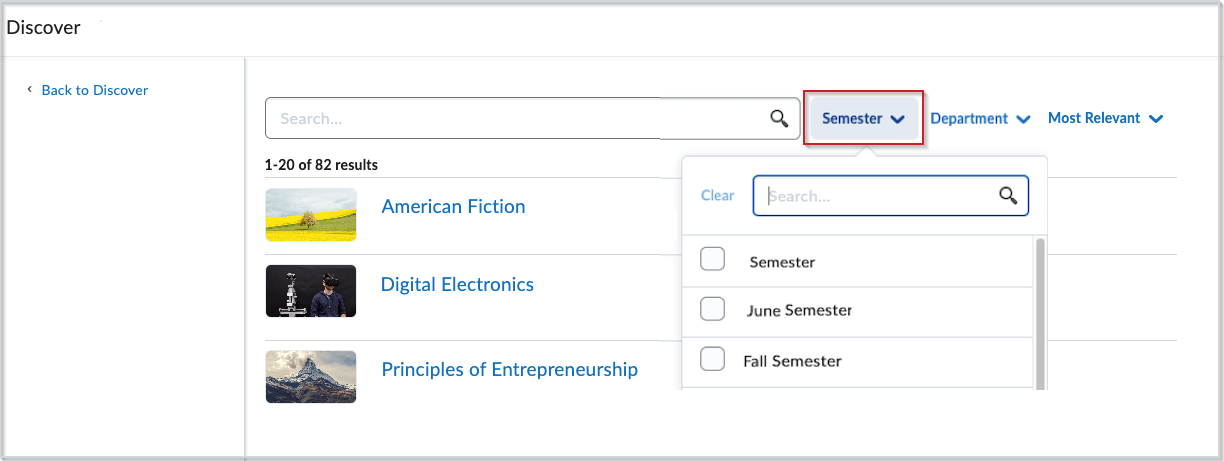 The Discover View All or Browse All Content Page, showing the Semester option highlighted with the drop-down menu displayed.