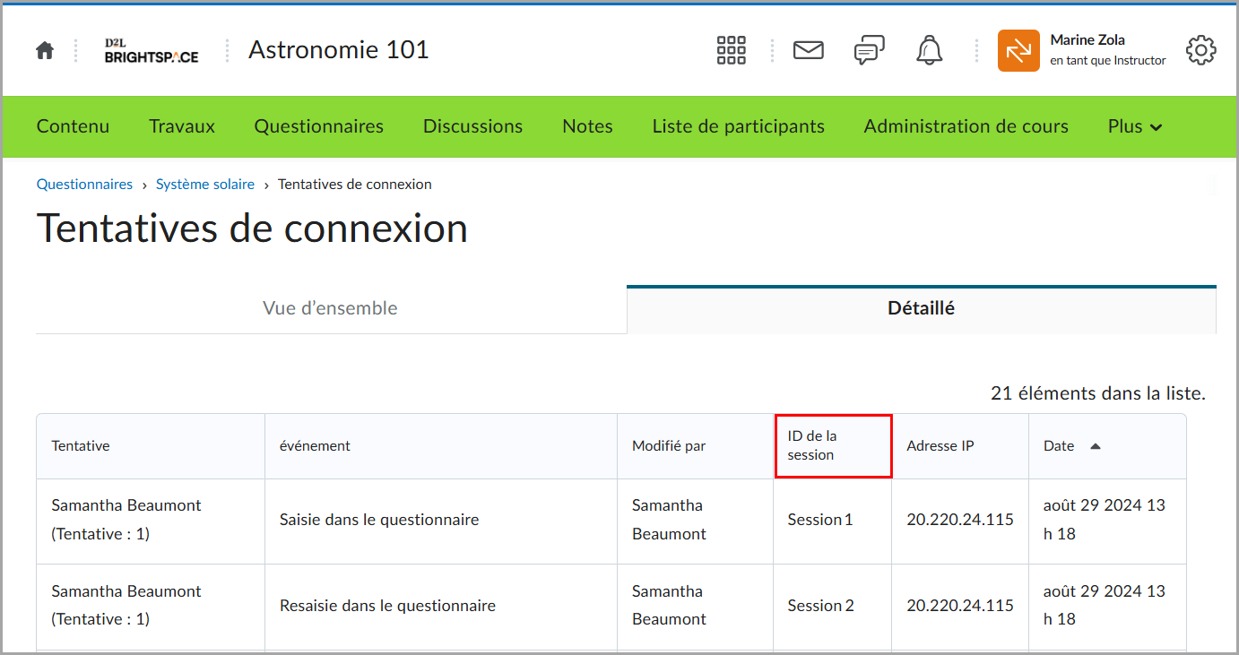 La colonne ID de session ID est mise en évidence à la page Journaux des tentatives.