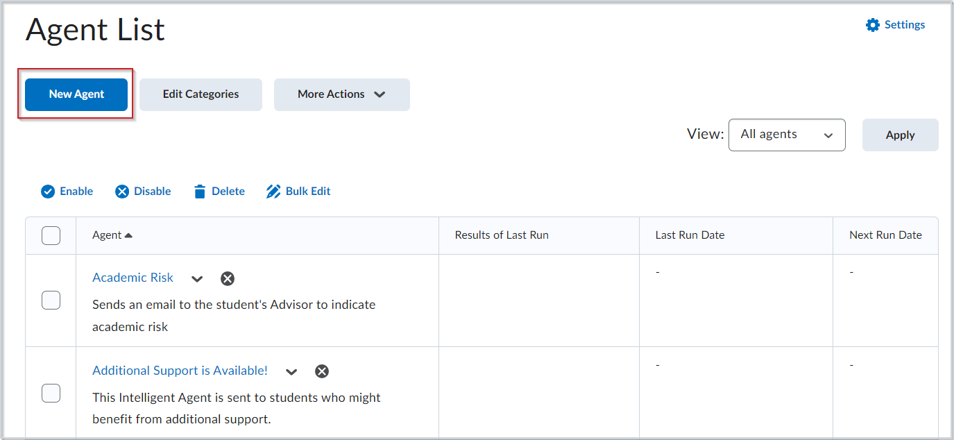 The Agent list page has the New Agent, Edit Categories, and More Actions buttons in the header, followed by the table of Intelligent Agents.