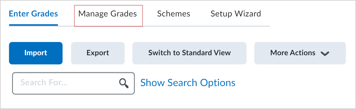 The Manage Grades tab in the Grades tool.