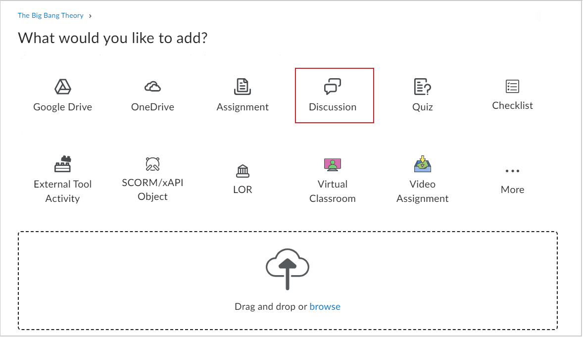 La page Que voulez-vous ajouter? Comprend l'option Discussion.