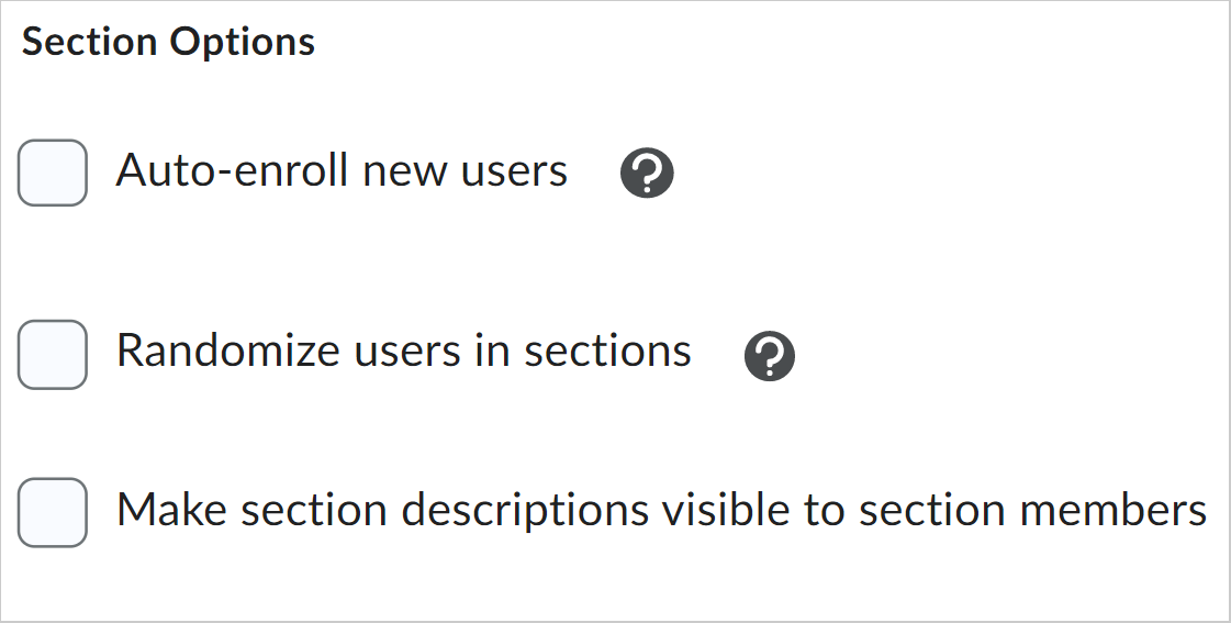 The Section Options section showing three section options