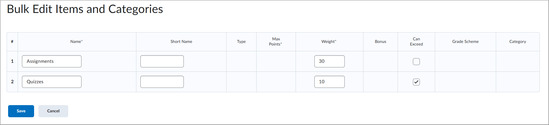 The Bulk Edit page showing editable grade item and category properties.