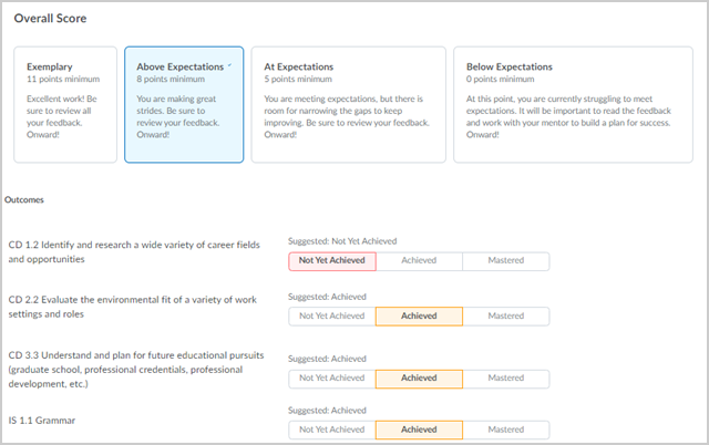 The middle of the Assess Topic page includes the overall score and the suggested achievement levels.