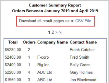 Un rapport Sommaire du client présente une liste de commandes et comprend l'option de le télécharger en fichier CSV