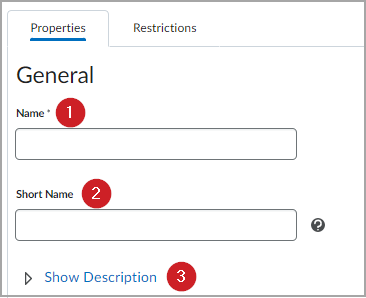 Propiedades de categoría de grado general, incluidos Nombre, Nombre abreviado y Descripción.