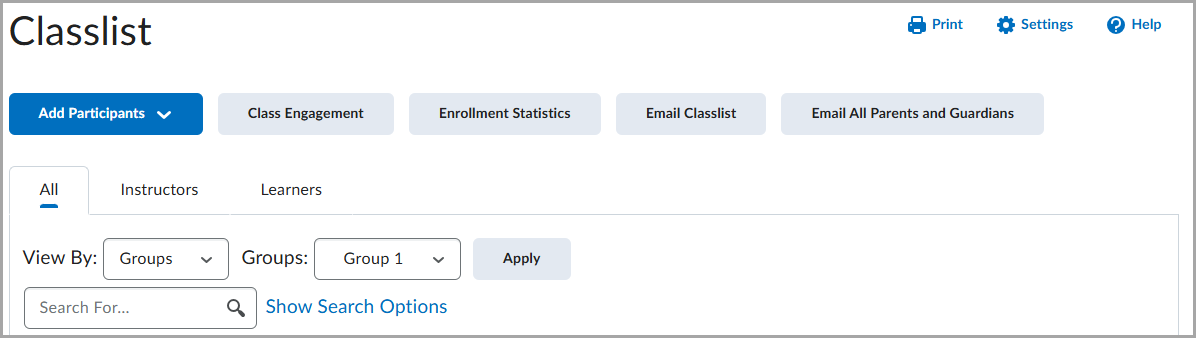 Página Listado de alumnos que muestra el filtro Ver por configurado en Equipos de trabajo, con un menú desplegable Equipos de trabajo y un botón Aplicar visible sobre el listado de alumnos.