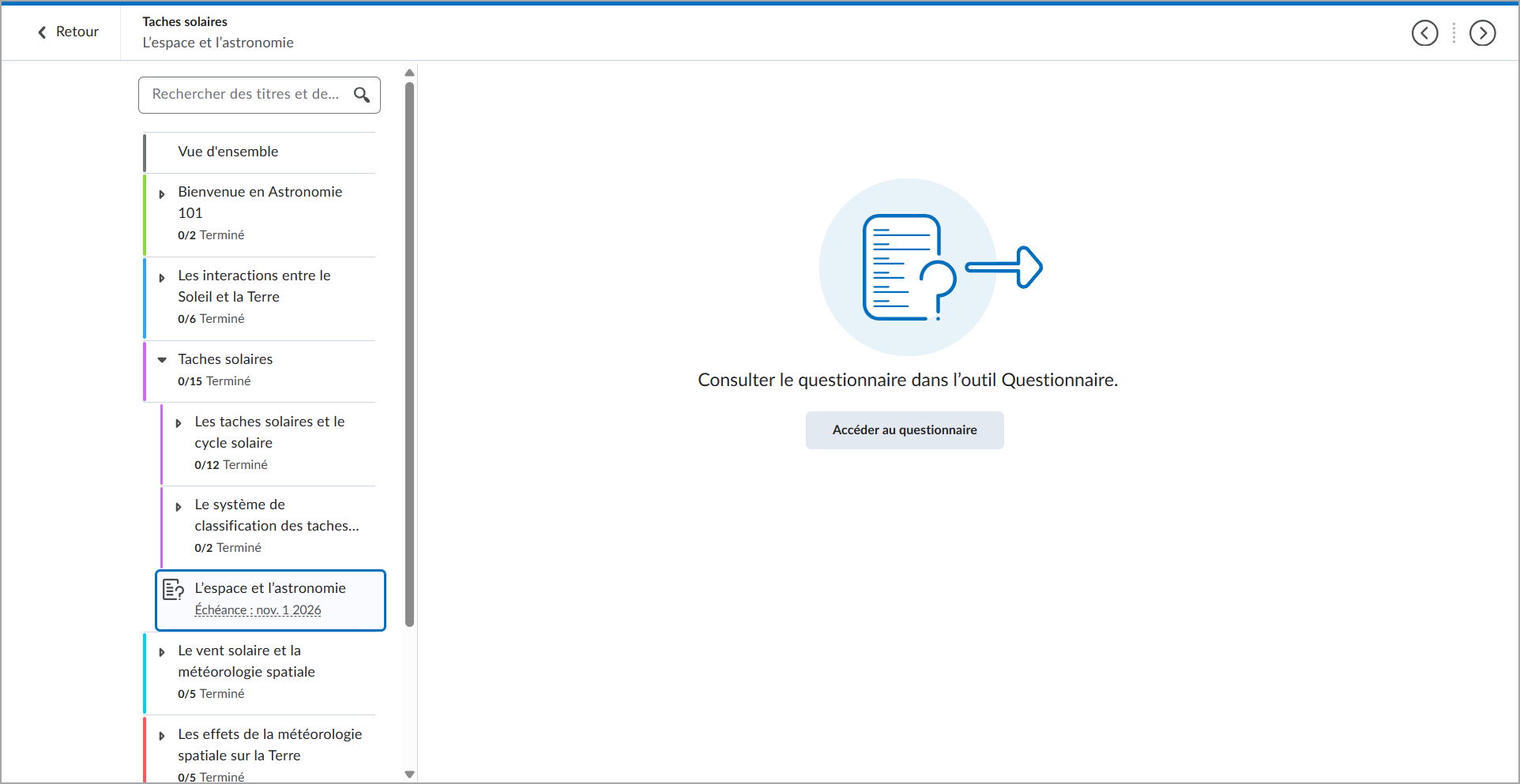 Un questionnaire affiché dans la Nouvelle expérience de contenu, où l'affichage en ligne n'est pas activé et le bouton Accéder au questionnaire est visible