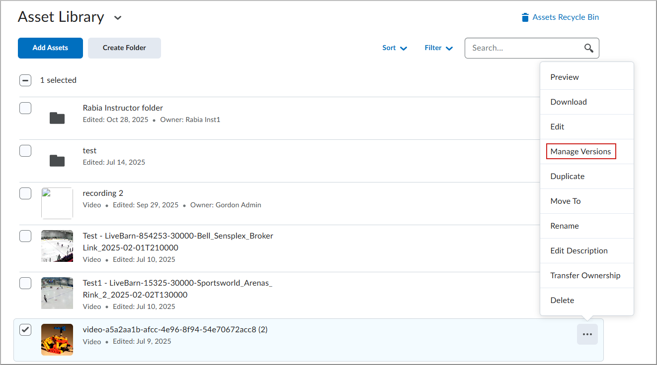 Manage Versions option in the asset Actions menu.