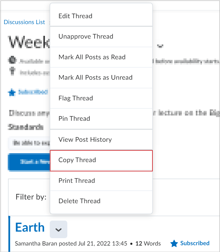 The Actions menu for a discussion topic showing the Copy Thread option.