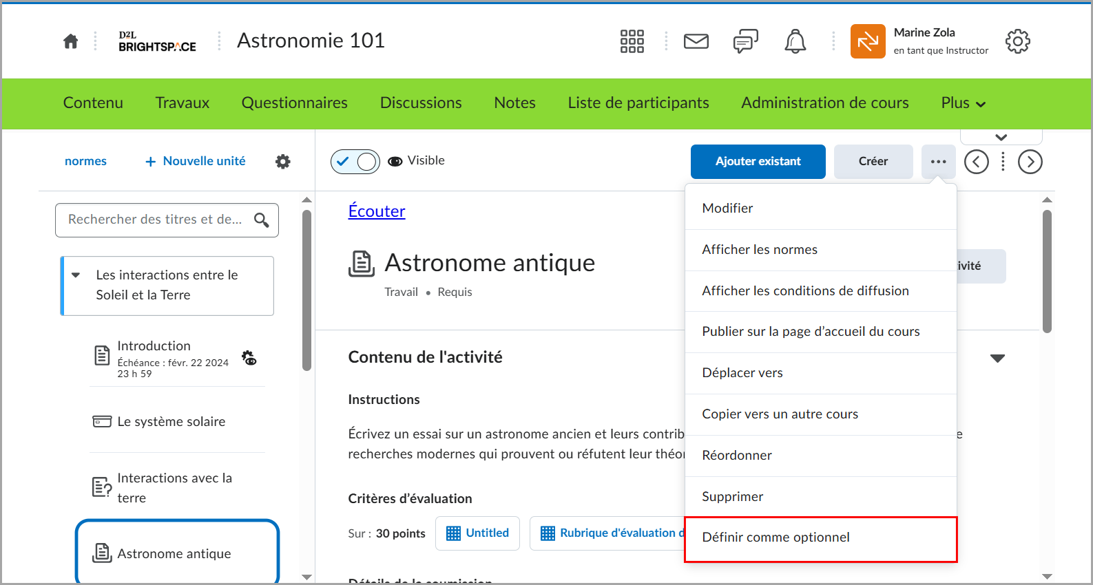 Le menu Options de l'outil Contenu comprend l'option Définir comme facultatif pour un sujet de contenu.
