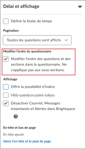 Paramètres de Durée et affichage avec l'option Mélanger le questionnaire activée.
