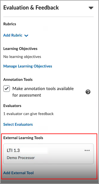 A Demo Processor card appears in the External Learning Tools section of the Evaluation and Feedback panel, outlined in red for emphasis
