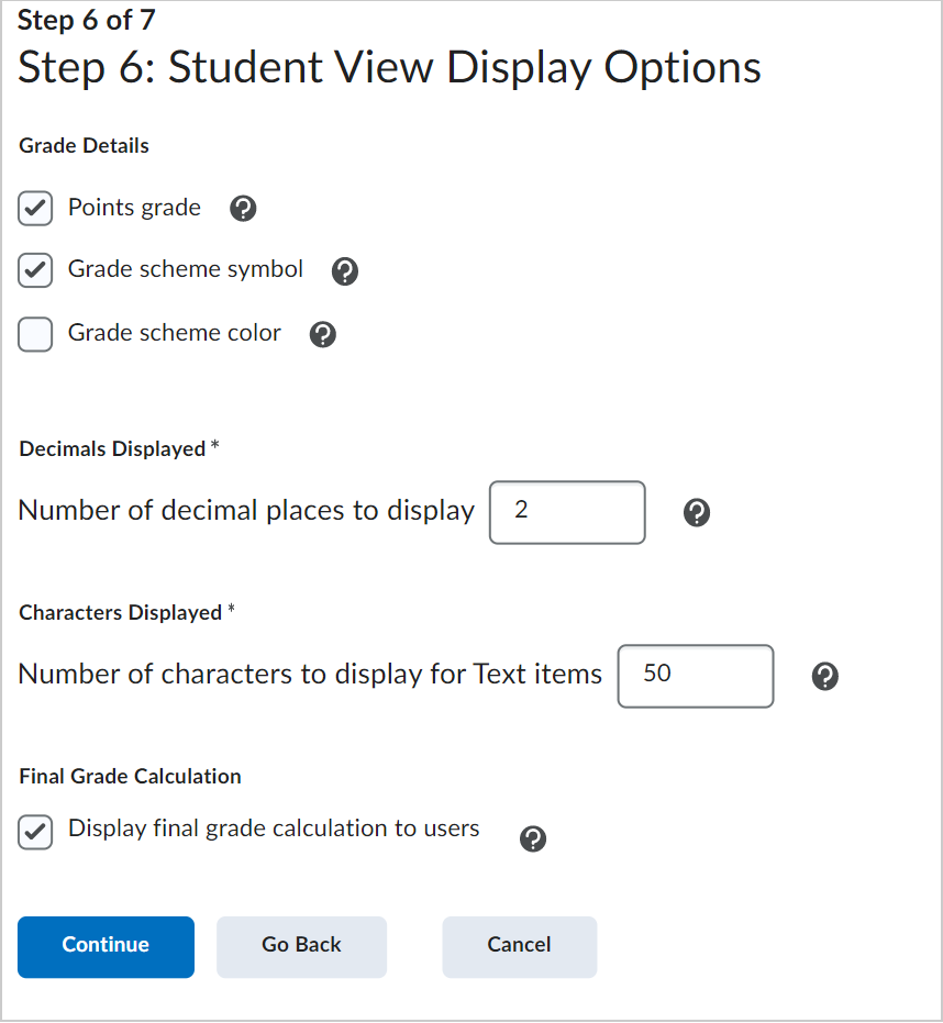 The Student View Display Options page.