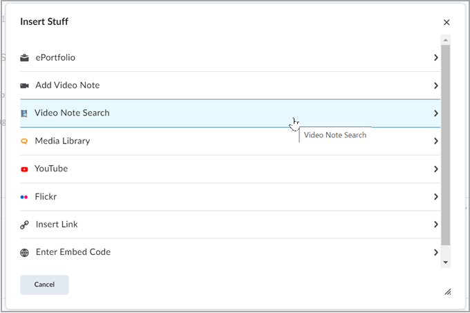 The Video Note Search option within the Insert Stuff dialog box.