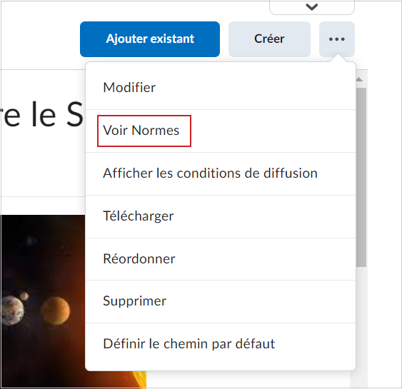 Le menu Options (...) d'une unité présente l'option Afficher les normes.