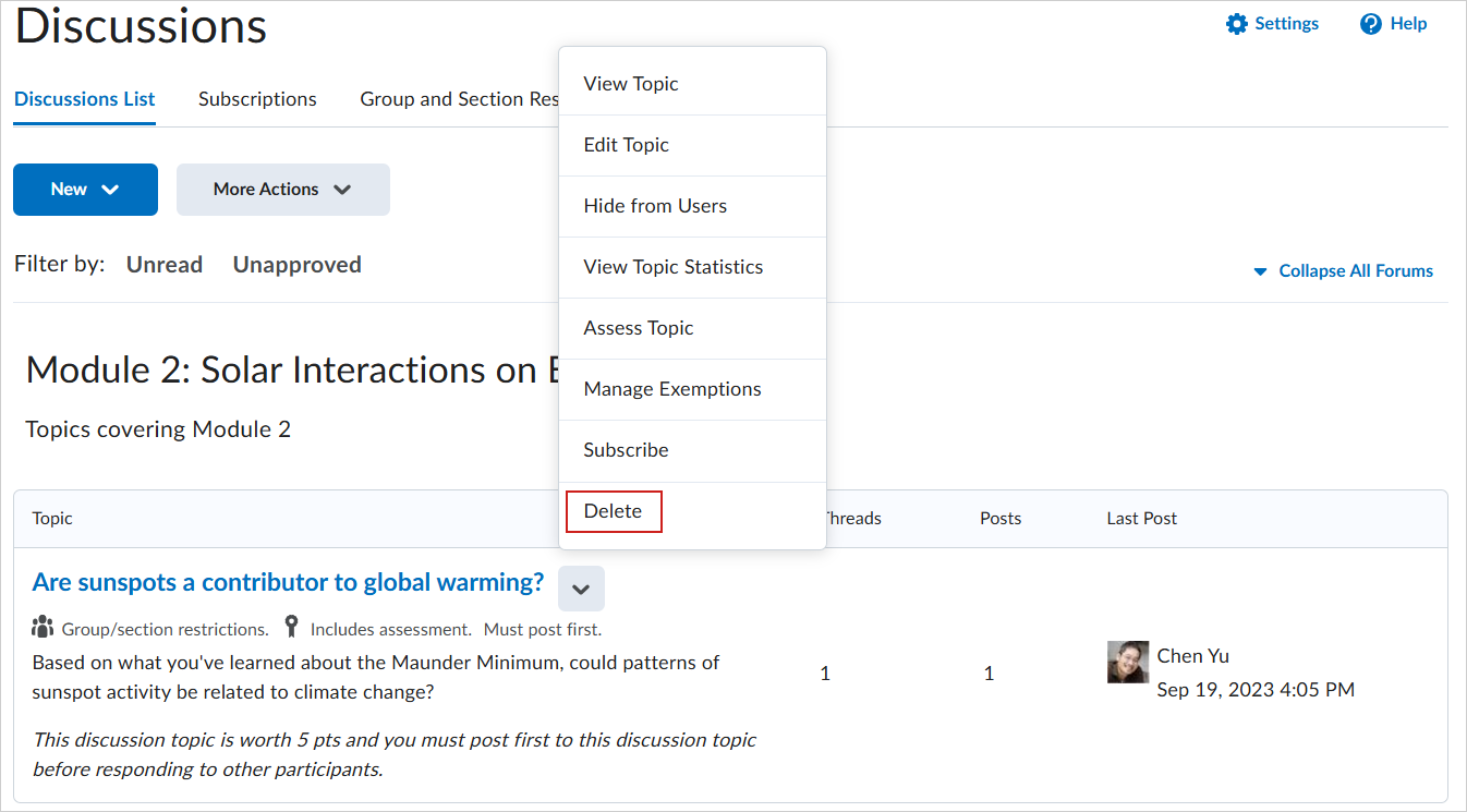 Het tabblad Lijst met discussies toont een discussieonderwerp. Het menu Acties voor het discussieonderwerp is geselecteerd. Verwijderen is gemarkeerd.