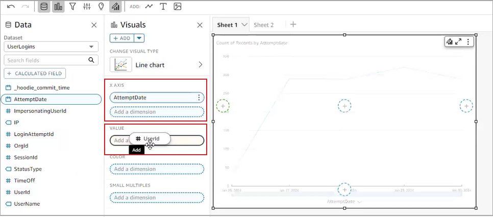 Drag and drop fields from the Dataset field list to the Visuals properties.