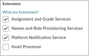 خيارات الملحقات مع تحديد خانات اختيار متعددة لتسجيل تطبيق Microsoft 365 لأدوات التعلّم التفاعلية في Brightspace.