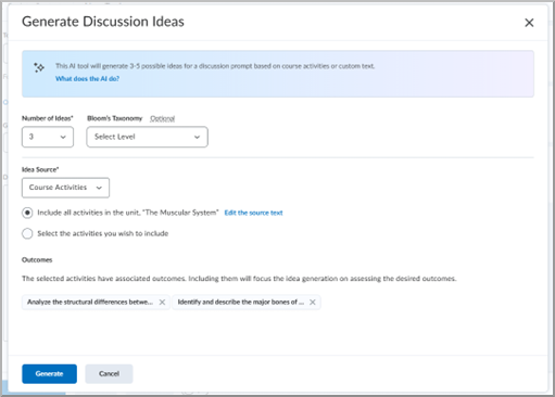 Generate Assignment Ideas dialog showing Lumi AI options for number of ideas, Bloom's level, and activity selection.