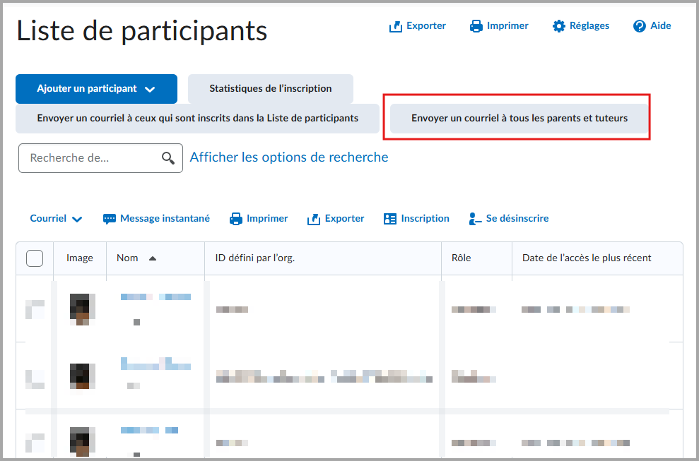 Bouton « Envoyer un courriel à tous les parents et tuteurs » dans la liste de participants lorsque l’enseignant dispose de l’accès aux courriels