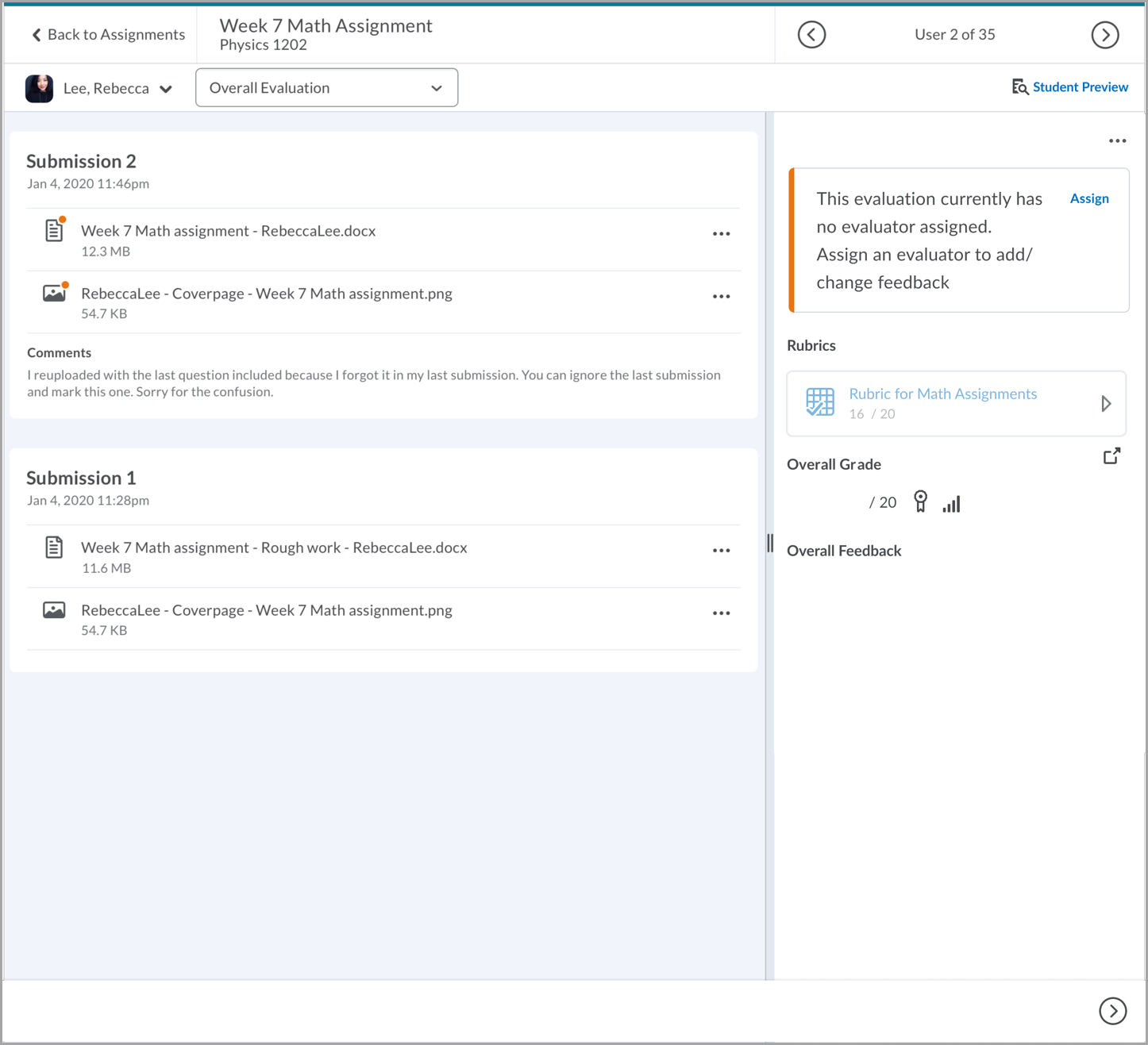 Example of a warning message when an assignment has no assigned evaluator.