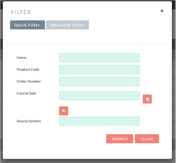 Het dialoogvenster Filter voor Cursusverkoopitems met de tabbladen Snel filter en Geavanceerd filter