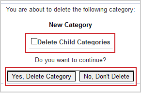 The confirmation message for deleting categories and child categories.