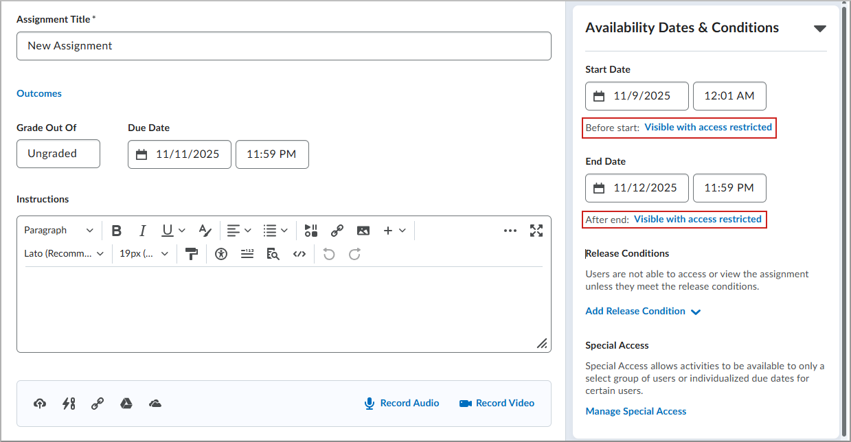New Assignment screen with the Visible with access restricted option highlighted.