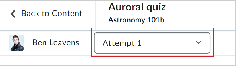 O menu suspenso ao lado do nome do aluno, no canto superior esquerdo, onde os instrutores podem selecionar qual tentativa de realização do questionário será avaliada.