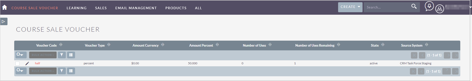 Het dashboard met vouchers voor cursusverkoop