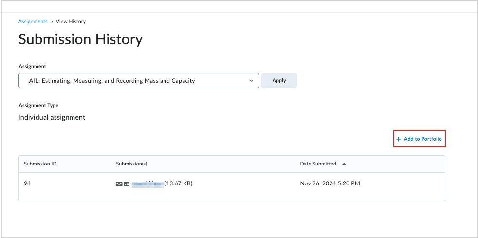 The Submission History page showing the + Add to Portfolio button