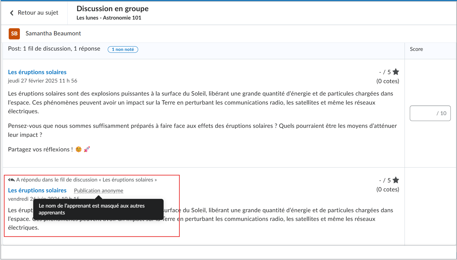 Vue de l'enseignant d'un article de discussion anonyme.