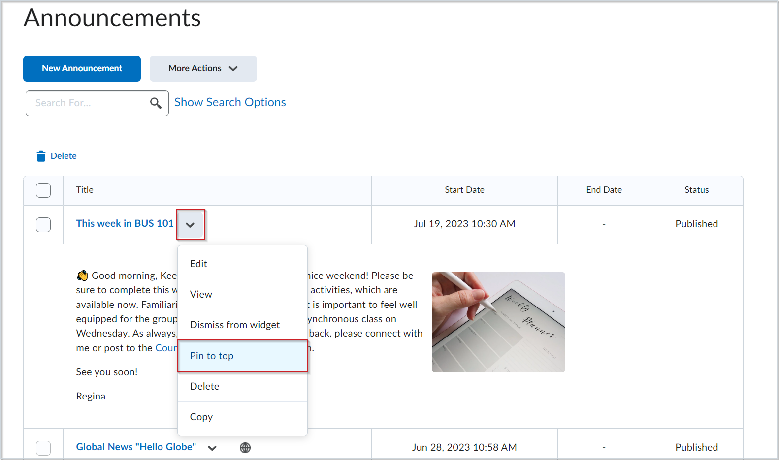 The Announcements page showing the drop-down menu options. Pin to top is highlighted.