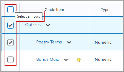 The Grade Item table with two grade items selected and the float over text showing the Select all rows button in the top row.