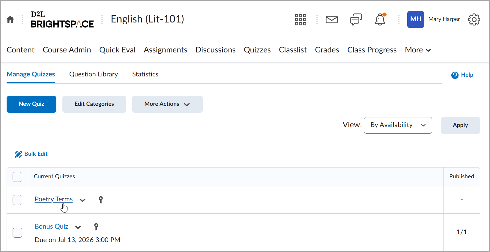 A quiz in a module in Content.