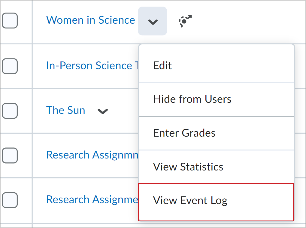 The View Event Log option for a grade item in the Actions drop-down menu.