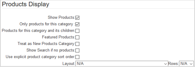 La página Visualización de productos muestra las opciones para personalizar cómo se muestran los productos