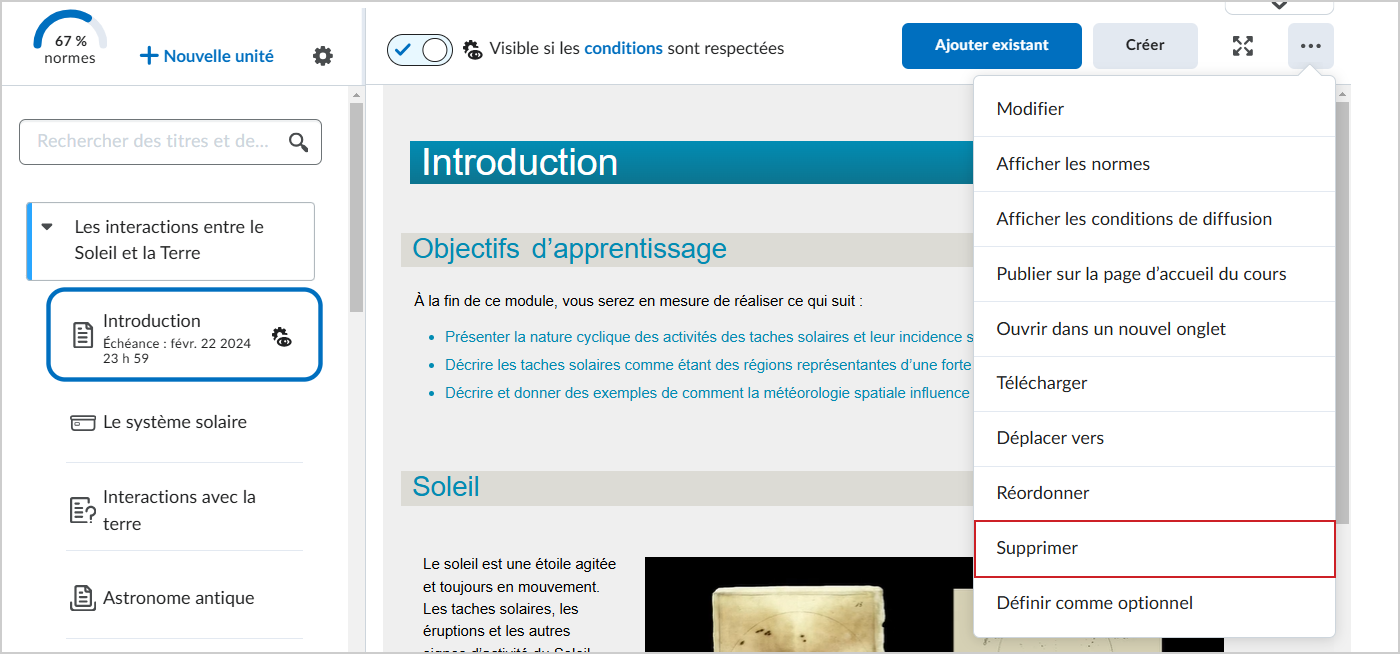 Le menu Options de l'outil Contenu comprend l'option Supprimer un sujet de contenu.