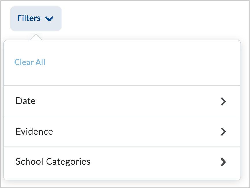 Het vervolgkeuzemenu Filters met de filters Datum, Bewijs en Schoolcategorieën