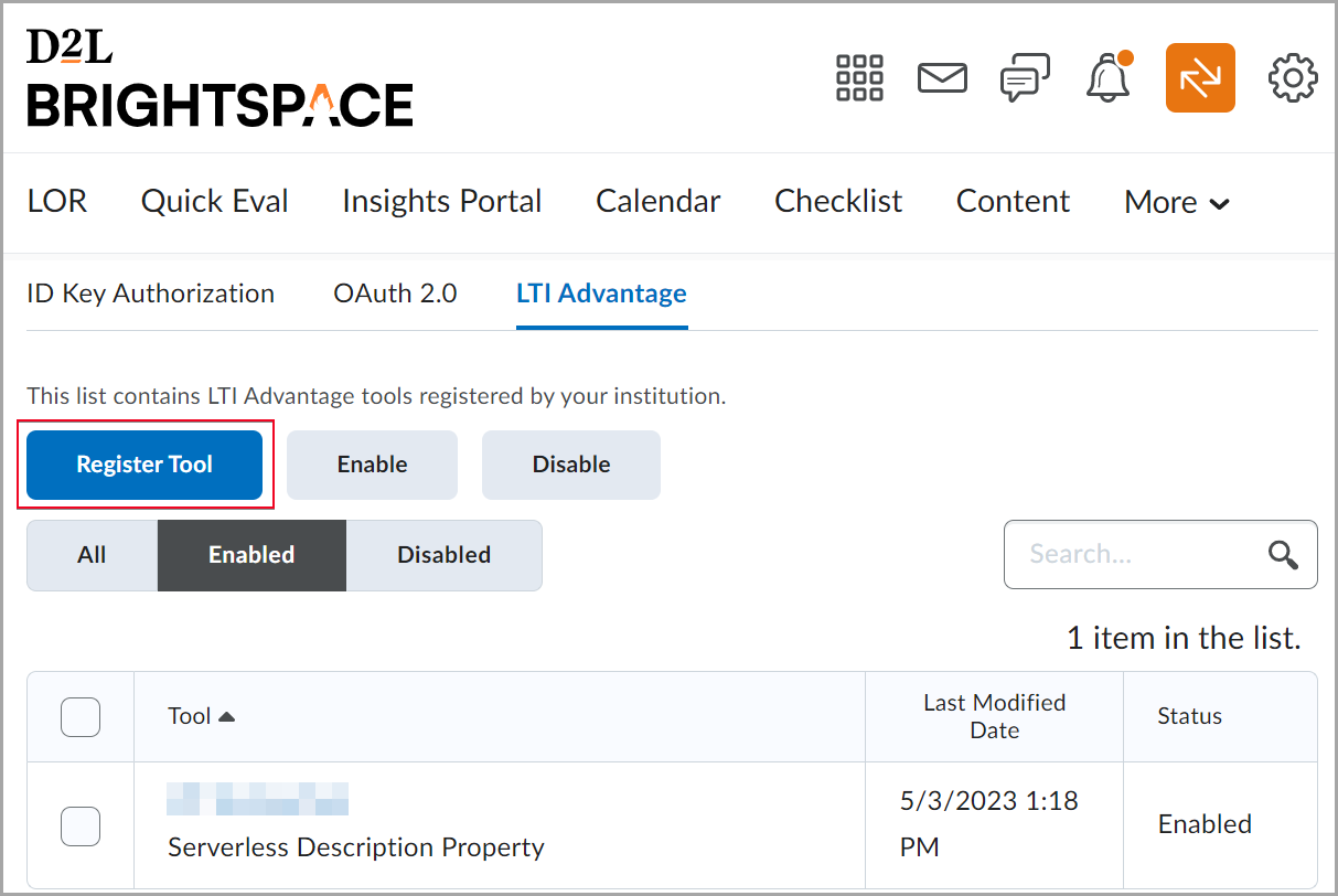 The LTI Advantage tab with the Register Tool button highlighted