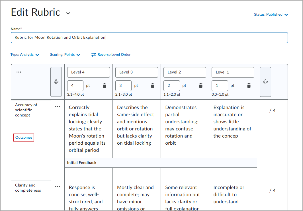 The Edit Rubric page with Outcomes highlighted