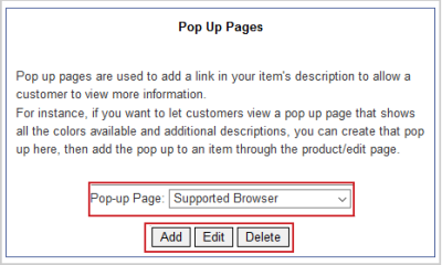 The Pop Up Pages section showing the Pop-up Page browser selection menu and the Add, Edit, and Delete buttons