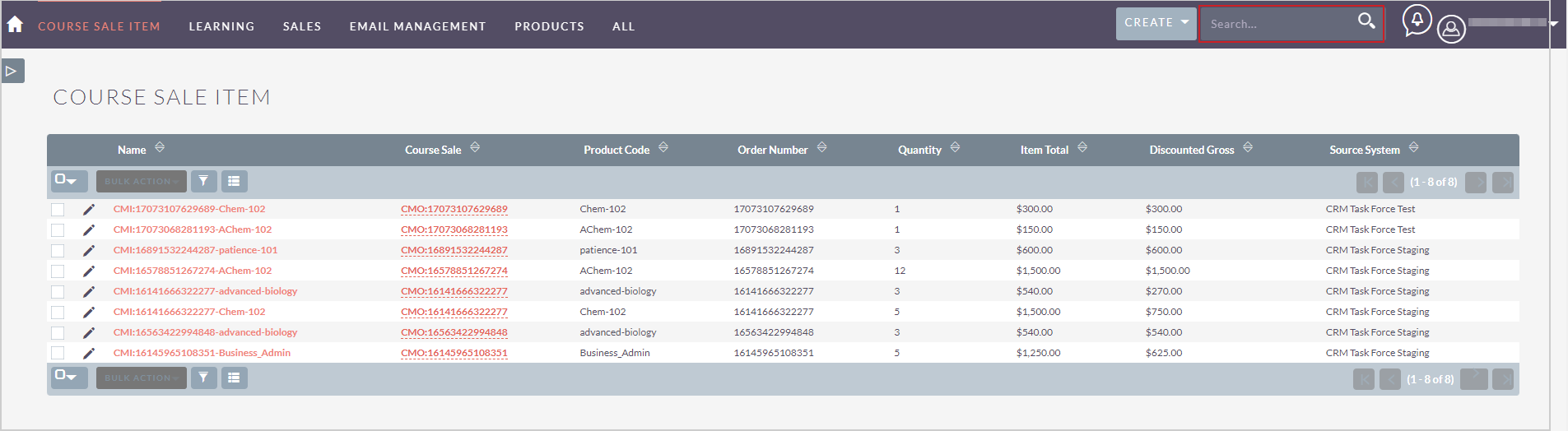 The basic search function on the Course Sale Item dashboard