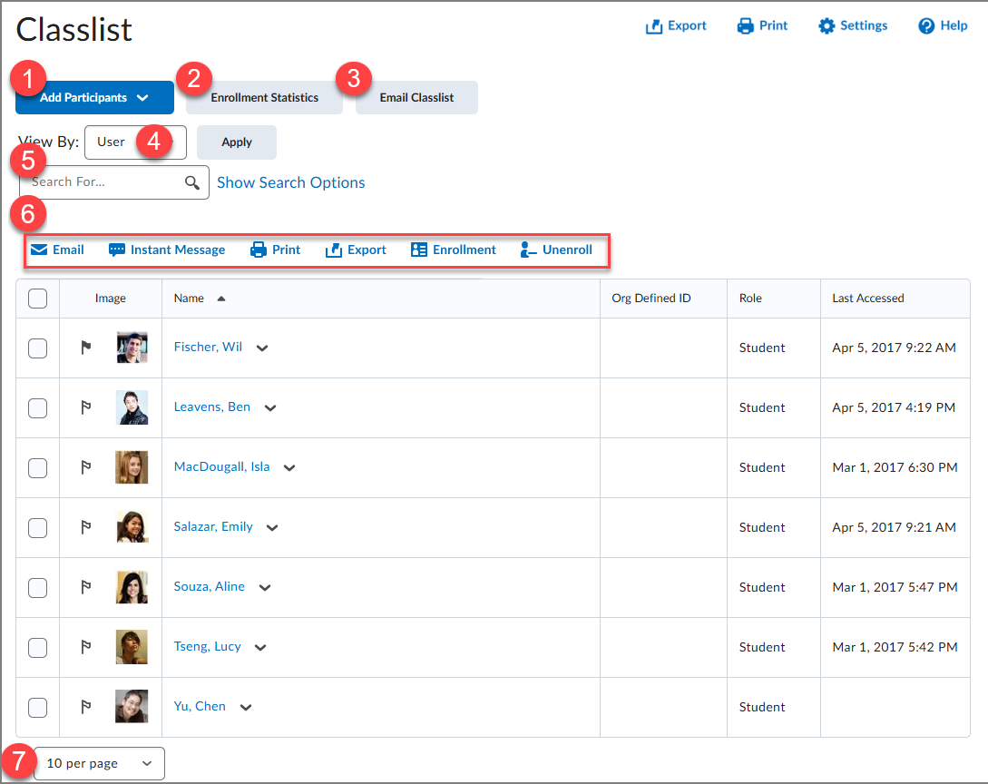 Página principal del listado de alumnos, con acciones clave numeradas.