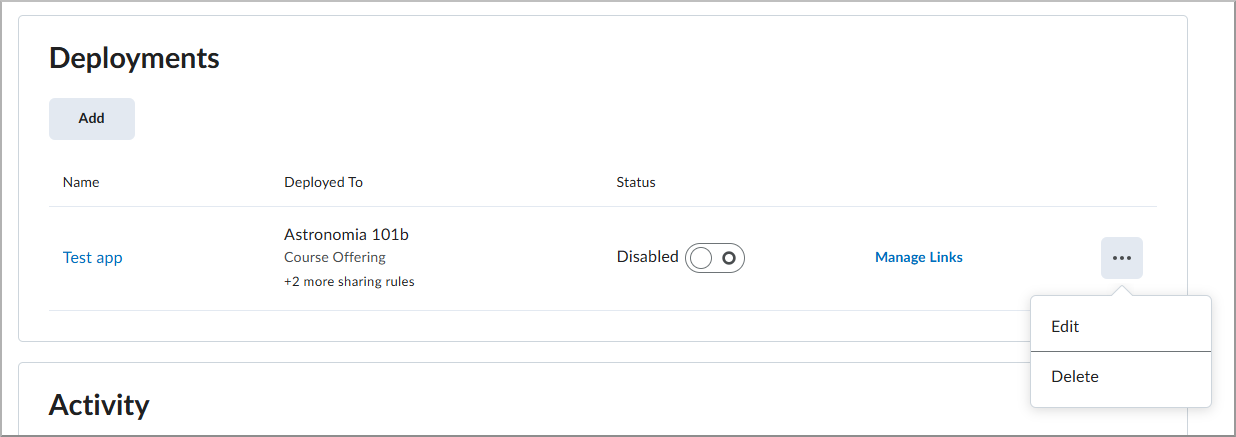 Deployment actions menu showing options to manage an app deployment.