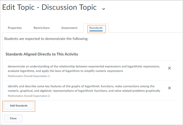 The Add Standards button, used to align a standard to a specific discussion topic