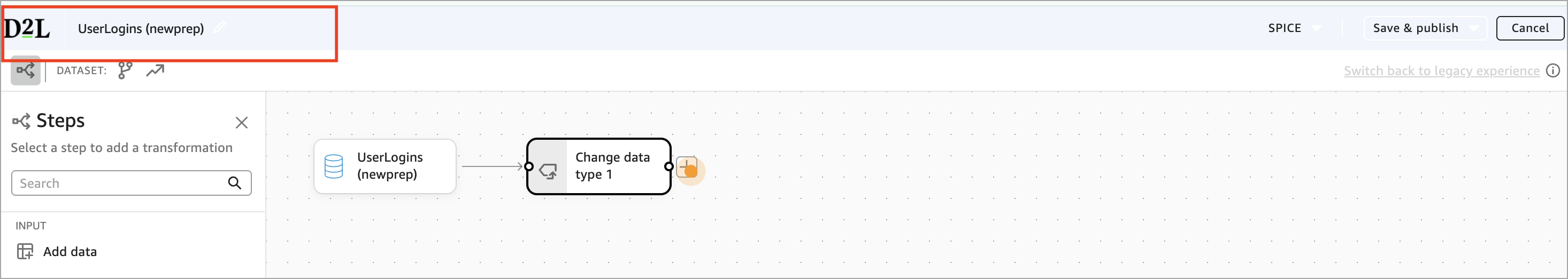 Analytics Builder toolbar with the dataset name highlighted on the left. On the right is a dropdown with SPICE selected, a dropdown with Save & Publish selected, and a Cancel button.